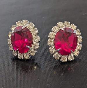 Vintage Red Glass Stone and Clear Rhinestone Stud Earrings